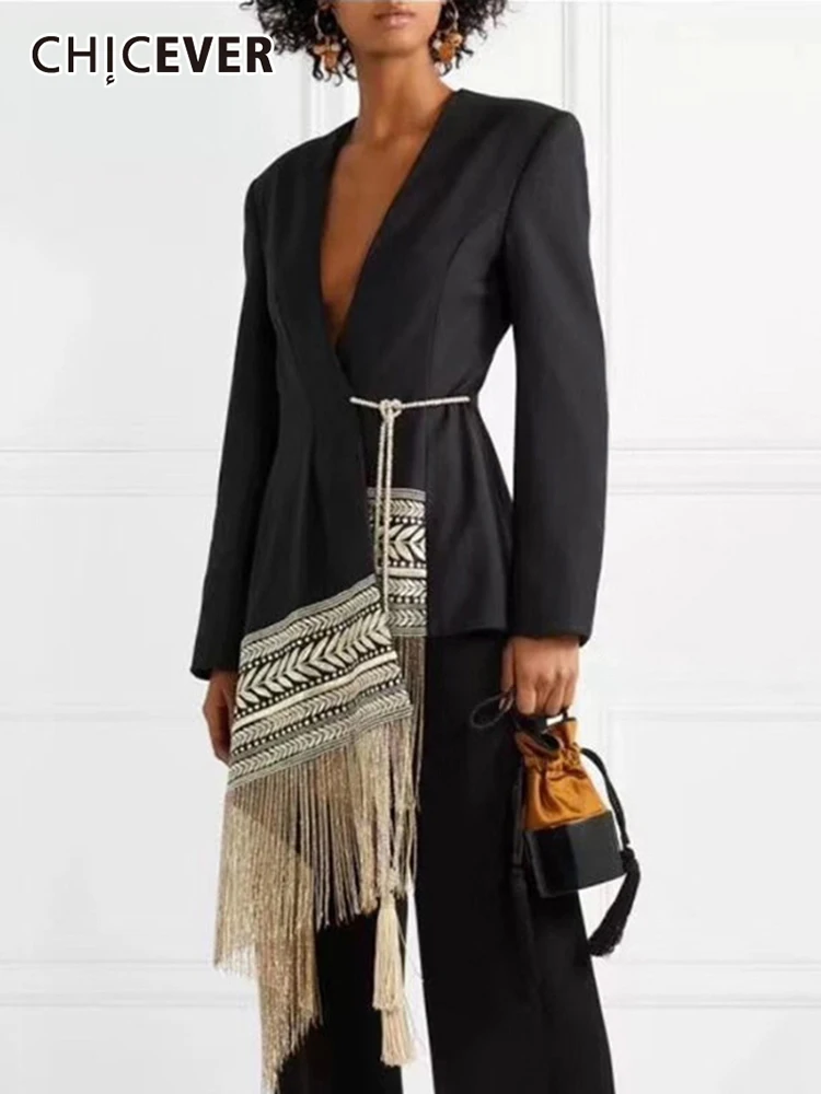 

CHICEVER Patchwork Tassel Blazer Coats For Female Lapel Collar Long Sleeve Lace Up Bowknot High Waist Slimming Women's Coat New