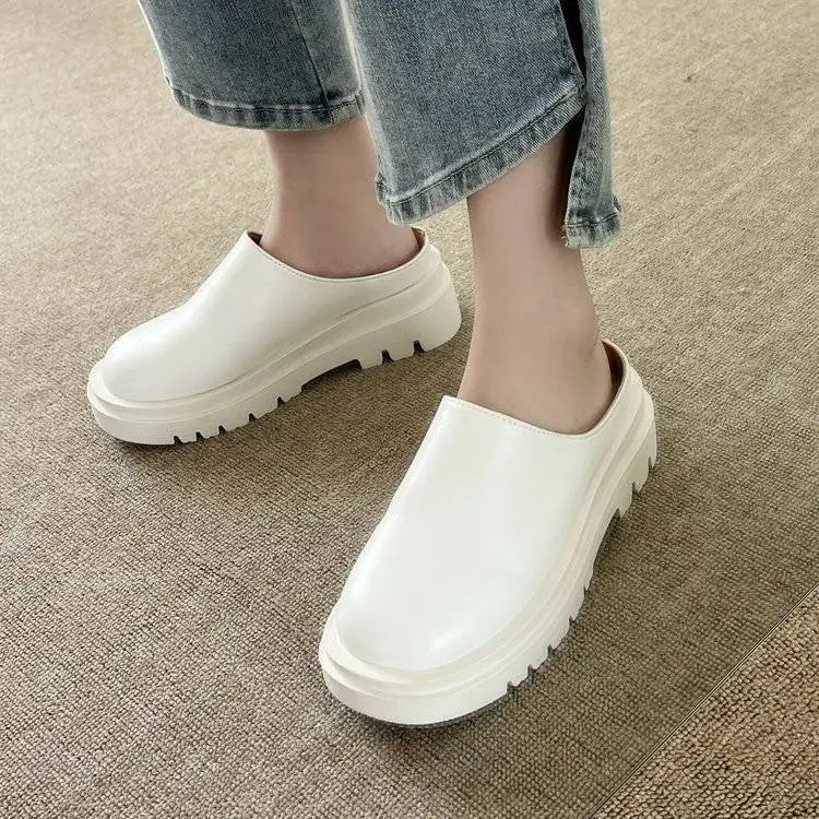 35-Size 43 Large Size Women's Shoes Fat Feet Spring Platform Half Slippers Slip-on Closed Toe Sandals