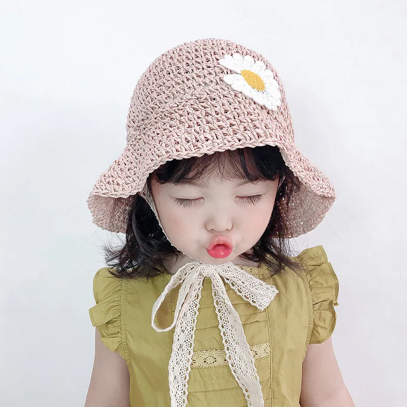 

Korean Version Of The Small Daisy Children's Fisherman Hat Strap Summer Girls Hand Hook Straw Hat Beach Hat Sunscreen Sun Hat