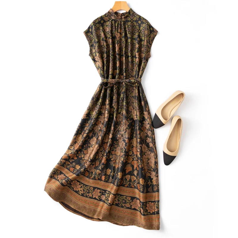 

Natural Silk Woman Dress Vestidos De Mujer Indie Folk A-LINE Mid-Calf STAND Collar Print Summer Dresses for Women Party