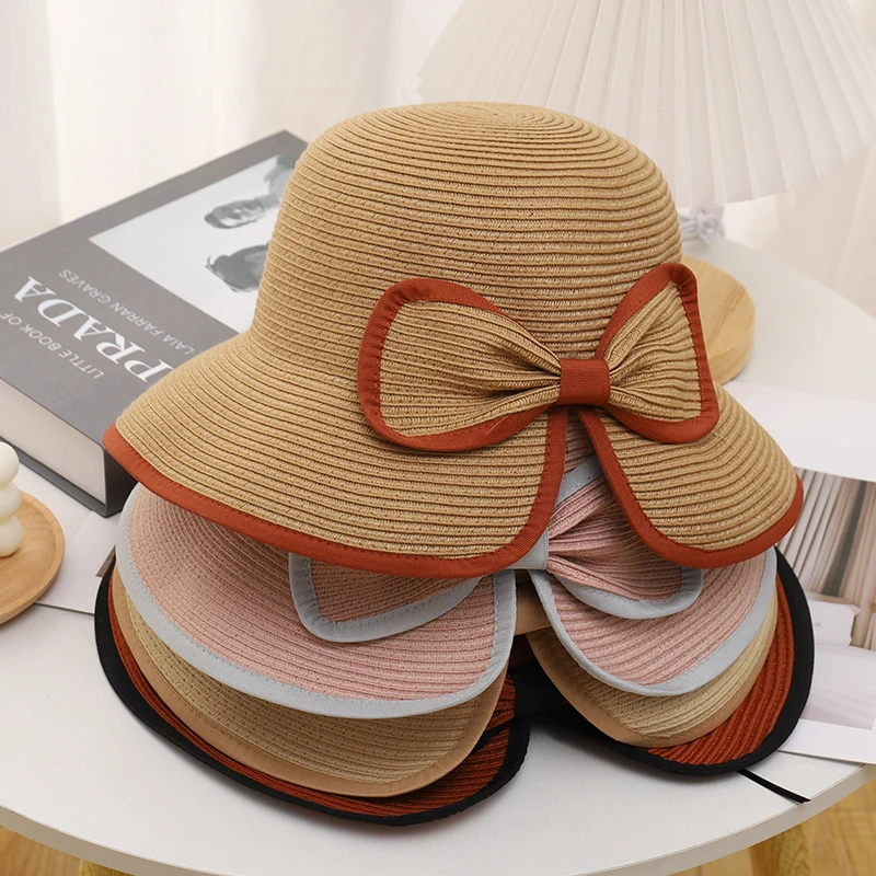 

2022 New Women Bow Summer Visors Straw Hat Foldable Sun Cap Wide Large Brim Hats Ladies Beach UV Protection Bonnet