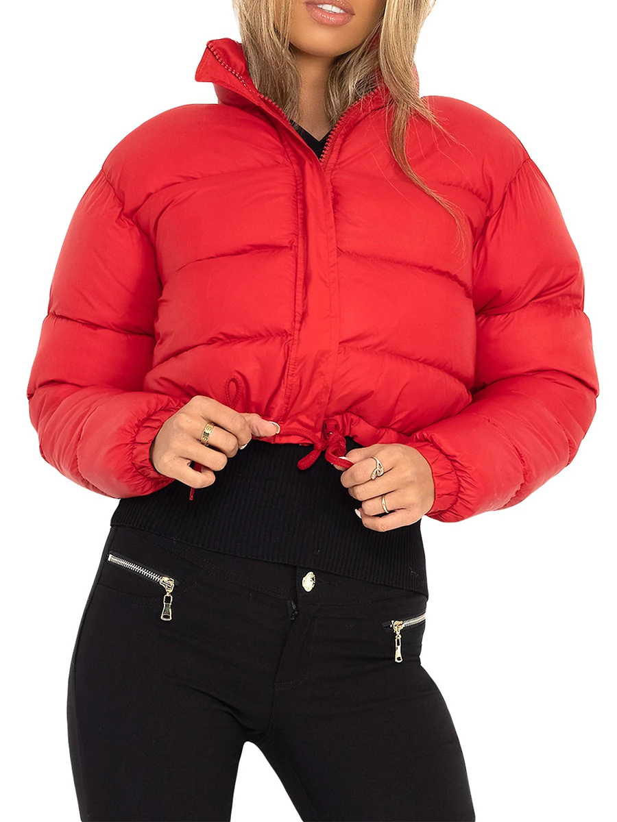 

Women s Cropped Puffer Jacket Long Sleeve Stand Collar Zip Puffy Bubble Short Down Coats