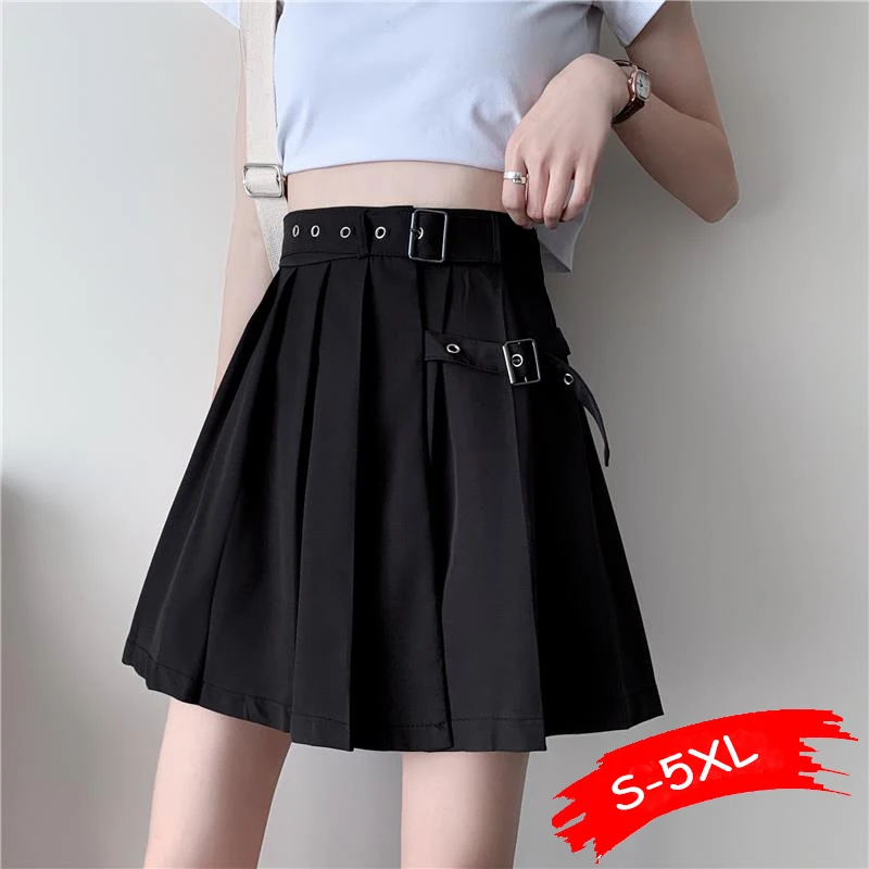 

Black Pleated Mini Skirts Women Harajuku Large Size High Waist Sexy Short Skirts With Belt Fashion Streetwear Girl Skirts 2022