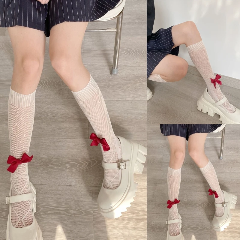 

Женские милые сетчатые длинные носки до середины икры в японском стиле преппи, в горошек, со шнуровкой и рисунком, ранние чулки