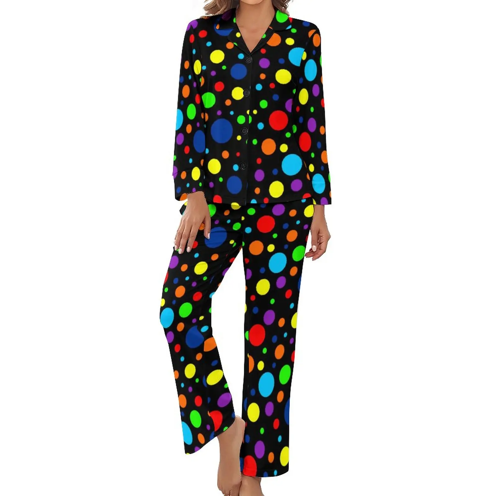 

Rainbow Spots Pajamas Polka Dot Print Long-Sleeve Cute Pajama Sets 2 Piece Casual Daily Custom Sleepwear Gift