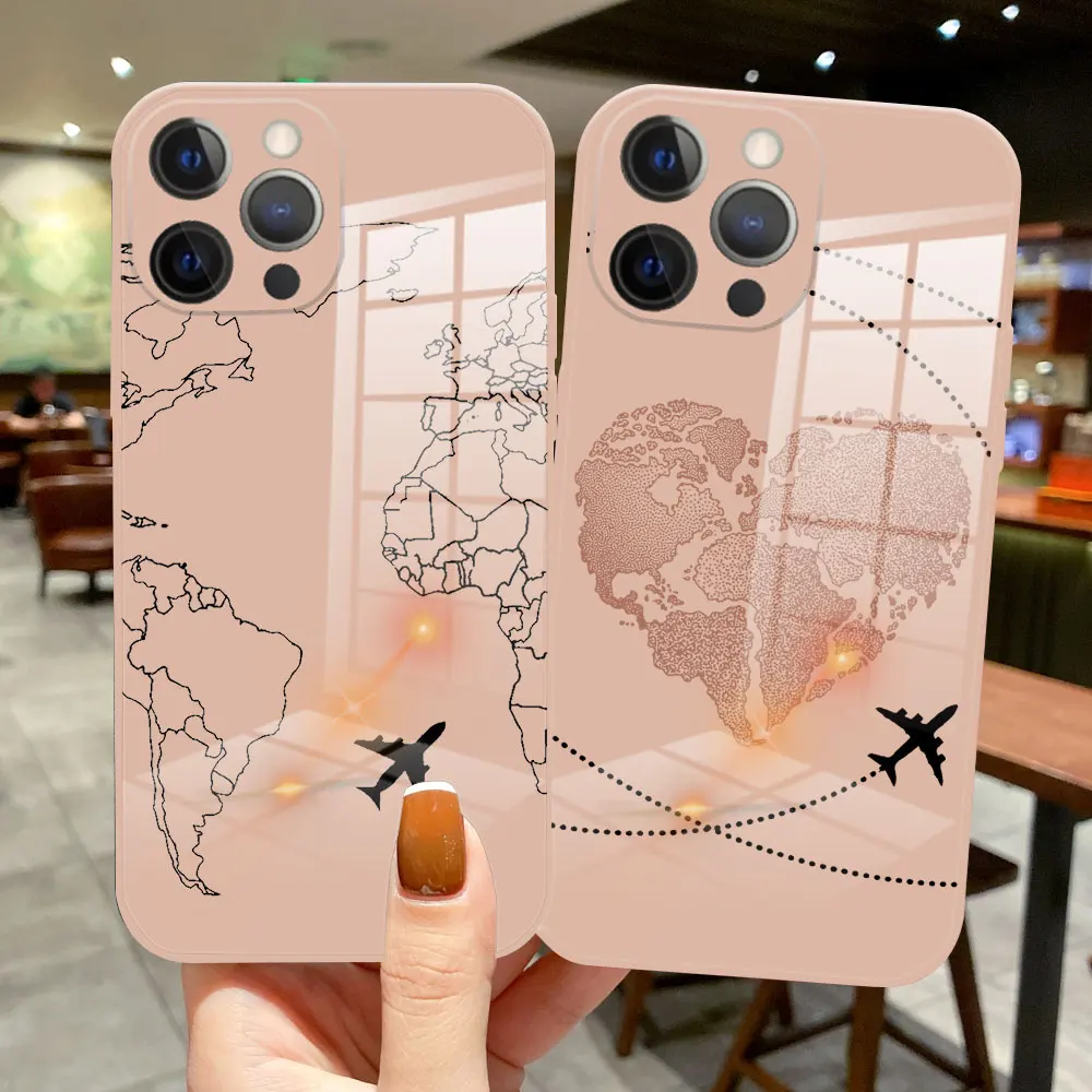 

Luxury Popular Planes World Map Travel Glass Silicone Case For iPhone 13 Pro Max 12 Pro Max 11 Pro Max 13 Mini 11 Pro pink Cover