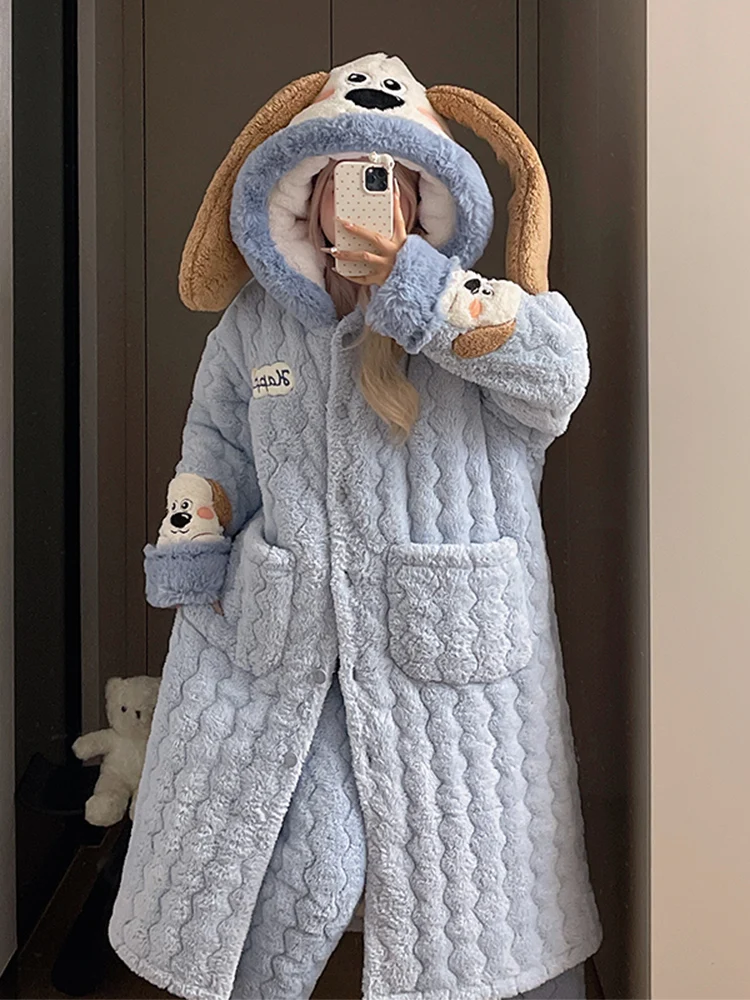 Пижамы из кораллового флиса женская осенне-зимняя ночная рубашка стеганая