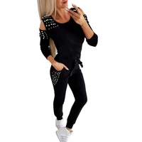 active 2 pieces set for women fall fitness outfit pearls off shoulder pullover sweatshirt jogger pants sporty street tracksuit