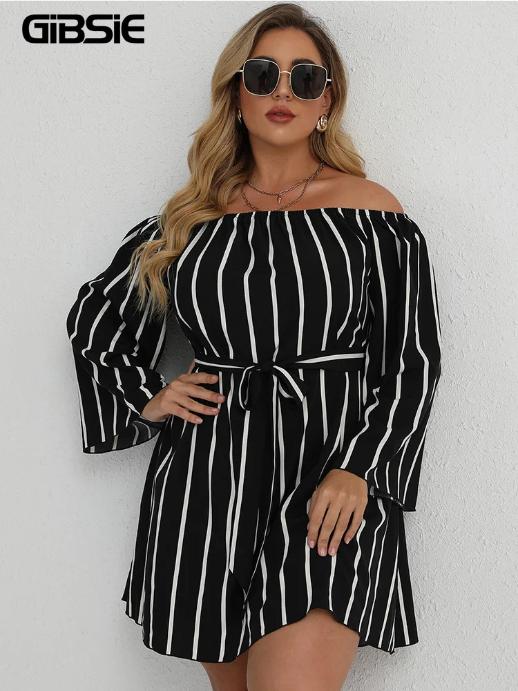

GIBSIE Plus Size Striped Belted Off Shoulder Dress Women Spring Summer Long Sleeve Holiday A-line Female Beach Mini Dresses