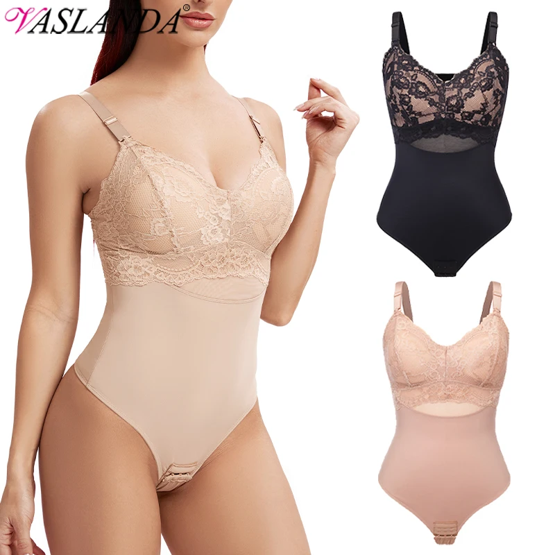 Women Lace Thong Bodysuit V-Neck Full Body Shaper Tummy Control Slimming Shapewear Smooth Corset Padded Lingerie Butt Lifter