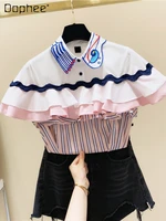 womens pink stripes ruffle embroidered shirts ladies 2022 summer korean style loose color matching short sleeve top female
