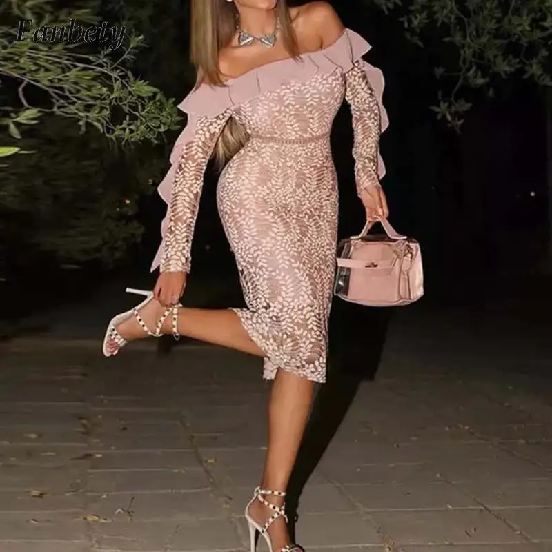 

Женское модное платье с вырезом лодочкой и оборками, сексуальное женское элегантное облегающее платье с открытыми плечами и длинным рукаво...