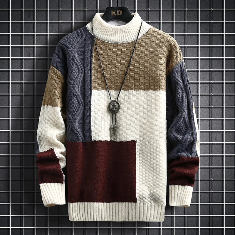 2022 Autumn and Winter New Sweater Warm Fashion Stitching Color Matching Pullover Round Neck Sweater Thickened Knitted Sweater