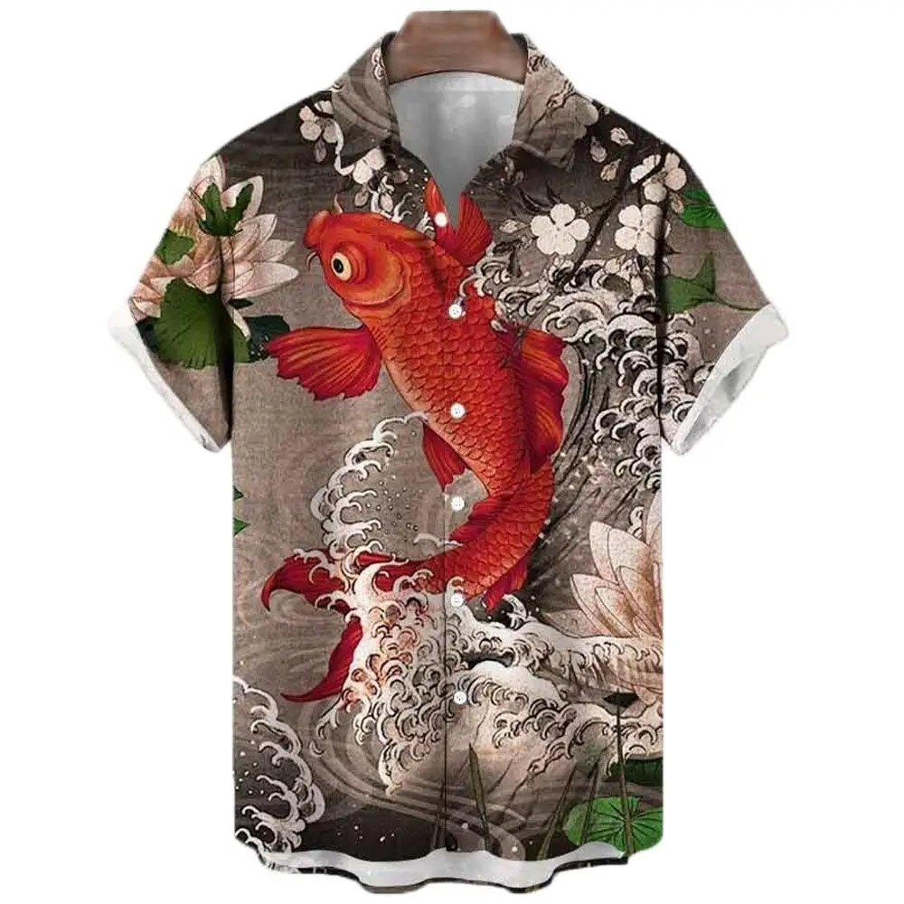 Koi Printed Summer Shirts Men's Button-Up Lucky Hawaiian Beach Shirts Harajuku Fashion Oversized Unisex Clothes