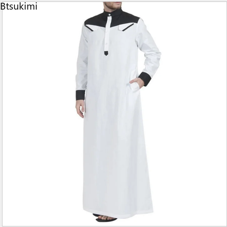 Muslim Men's Abayas Comfortable Men Kaftan Long Sleeve Contrast Color Muslim Clothing Mandarin Neck Muslim Robe for Middle East