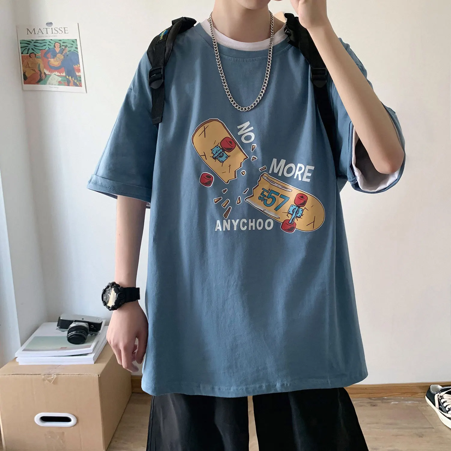 

DE Hong Kong style men's short-sleeved summer 2022 loose half-sleeved large size ins tide brand casual trend Harajuku t-shiR