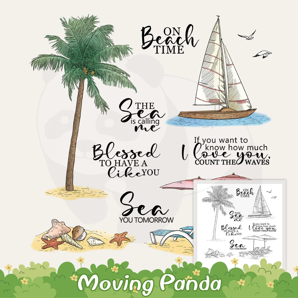 

Summer Palm Trees Boat Beach Cutting Dies And Clear Stamp DIY Scrapbooking Metal Dies Silicone Stamps For Cards Albums Crafts