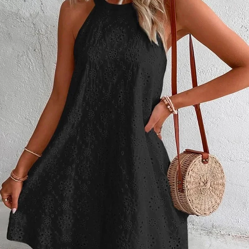 

2023 Hot Women's Dresses Summer Thin Section Sweet Lace Solid Color Short Dress Hanging Neck Loose Mesh Breathable Women's Dress