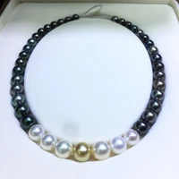 huge charming 1810 12mm natural south sea genuine black white golden multicolor round pearl necklace free shipping jewelry
