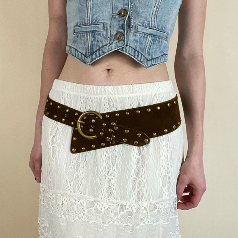 

F42F Vintage Brown Studded Elastic Belt for Women Punk Waist Belt