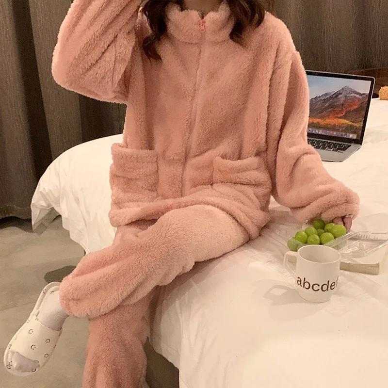 Корейские зимние пижамы для женщин плюшевый воротник-стойка утолщенная молния