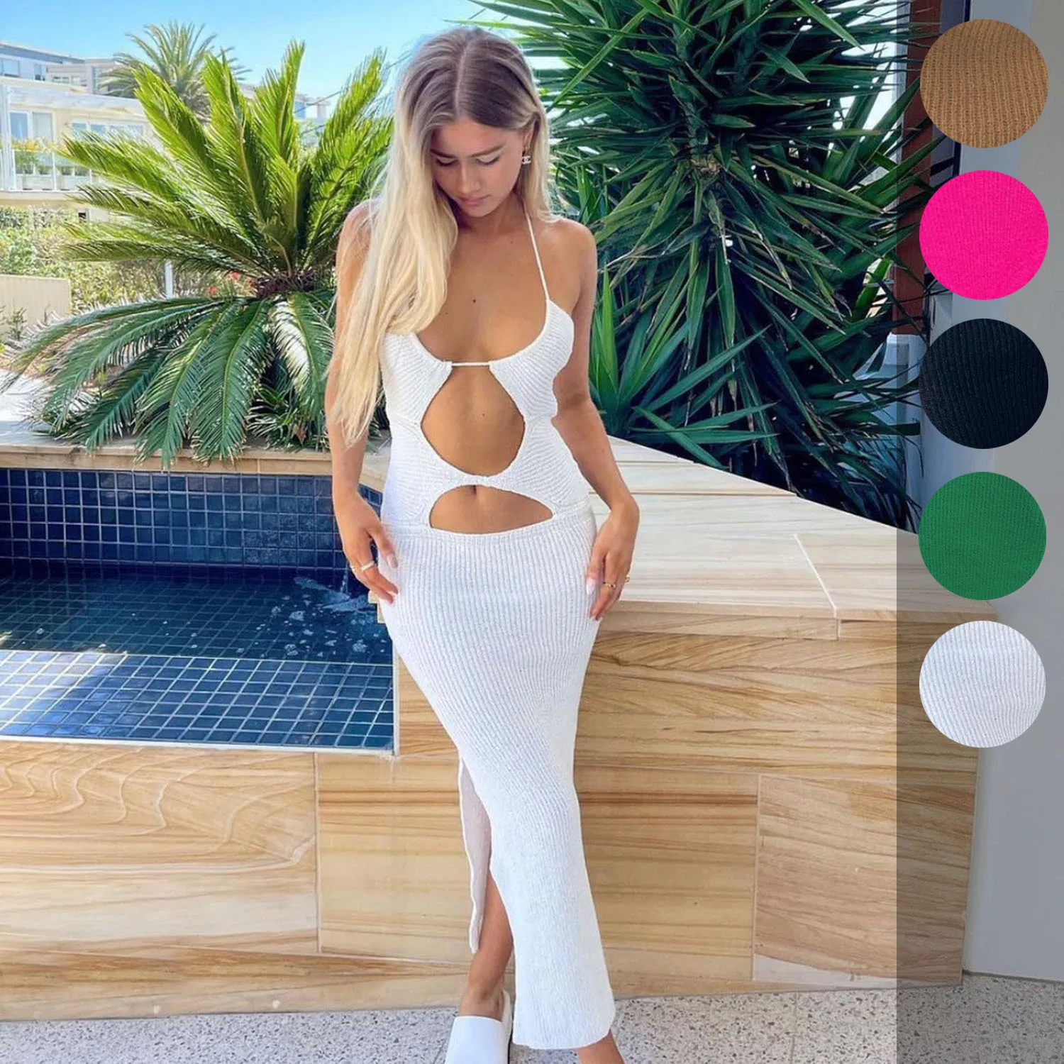 

Сексуальное трикотажное платье без рукавов с вырезами по бокам и разрезом, сексуальное женское платье миди с открытой спиной, облегающее платье для ночного клуба, вечевечерние, женское платье, обтягивающие платья