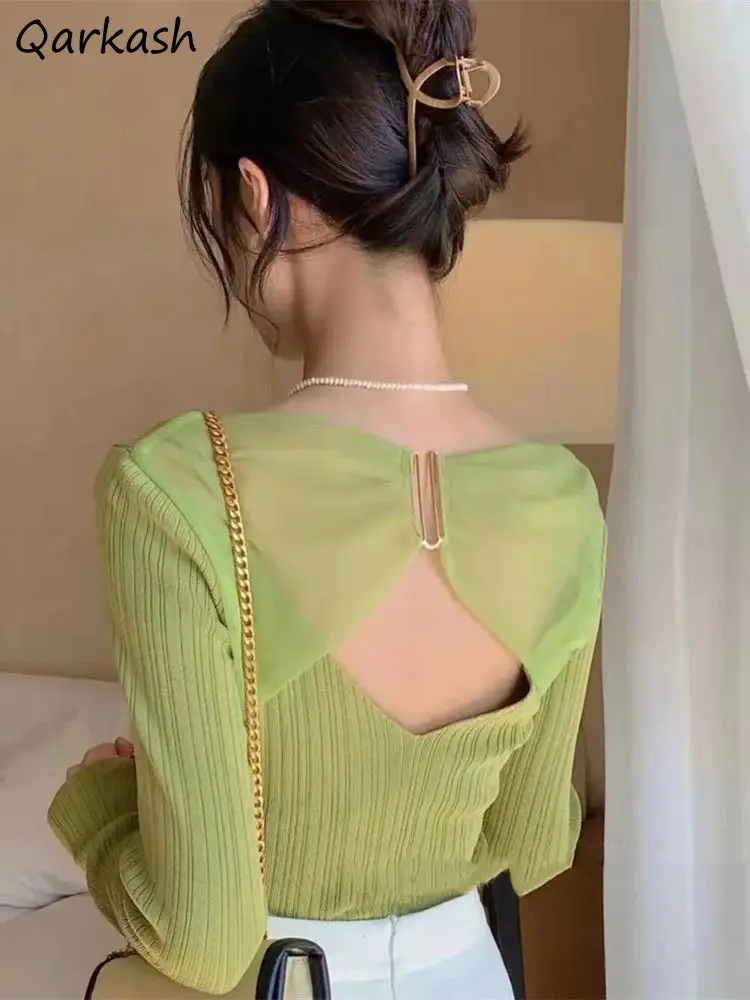 

Mesh Backless Long Sleeve T-shirts Women Skinny Sexy Cute Elegant Vintage Prevalent Design Aesthetic Tops All-match Spring Ropa
