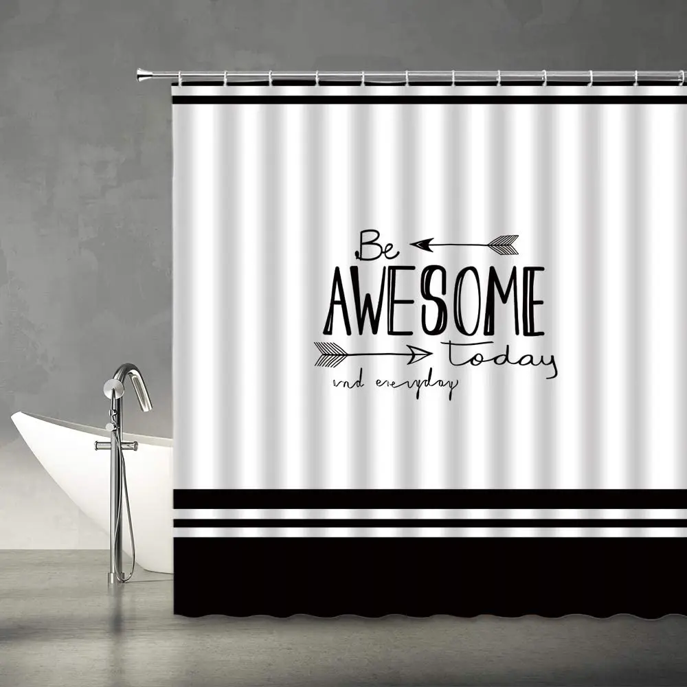 

Black and White Shower Curtain Arrow Be Awesome Quote Unique Creative Design Fabric Bathroom Decor Bath Curtains Include Hooks