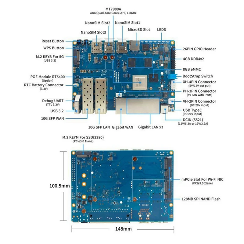 Для Banana Pi BPI-R4 Mediatek MT7988A четырехъядерный кронштейн Cortex-A73 4 ГБ DDR4 8 EMMC Smart Router Board