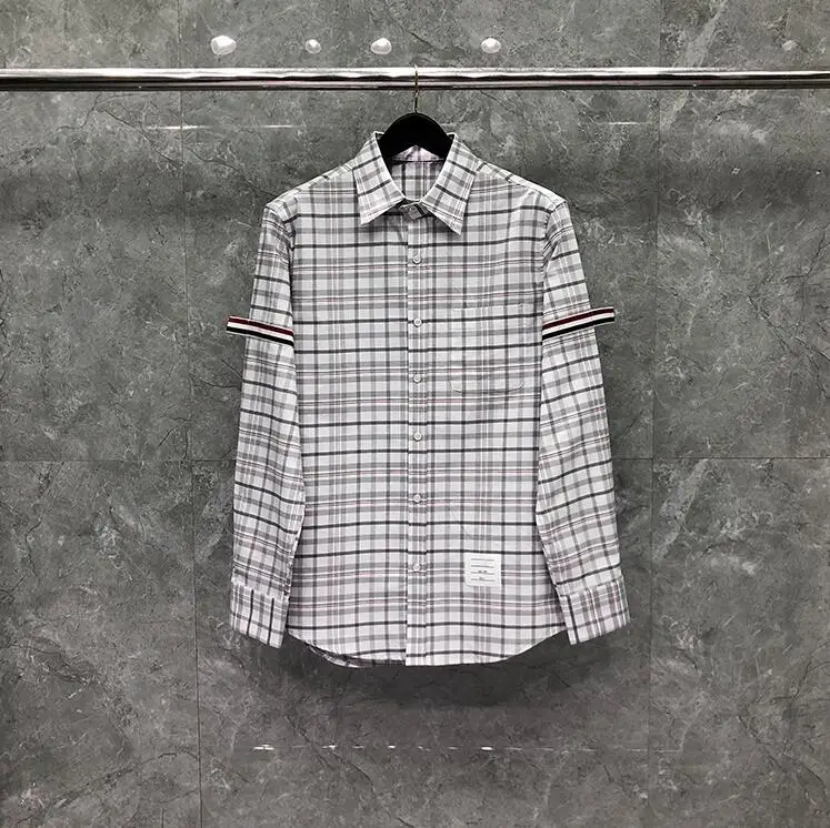 TB Man's Shirts Check Stripe New Shirts Men Slim Plaid Shirt Striped Oxford Cotton Spring Fit Long Sleeve Casual Men's Clothing