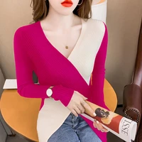 long sleeve contrast color v neck knitwear spring korean style slim fit figure flattering sweater stitching outerwear top women