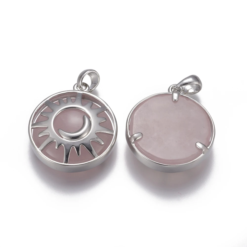 

Various styles Natural Gemstone Pendantswith Brass Findings Flat Round with Sun and Moon Platinum
