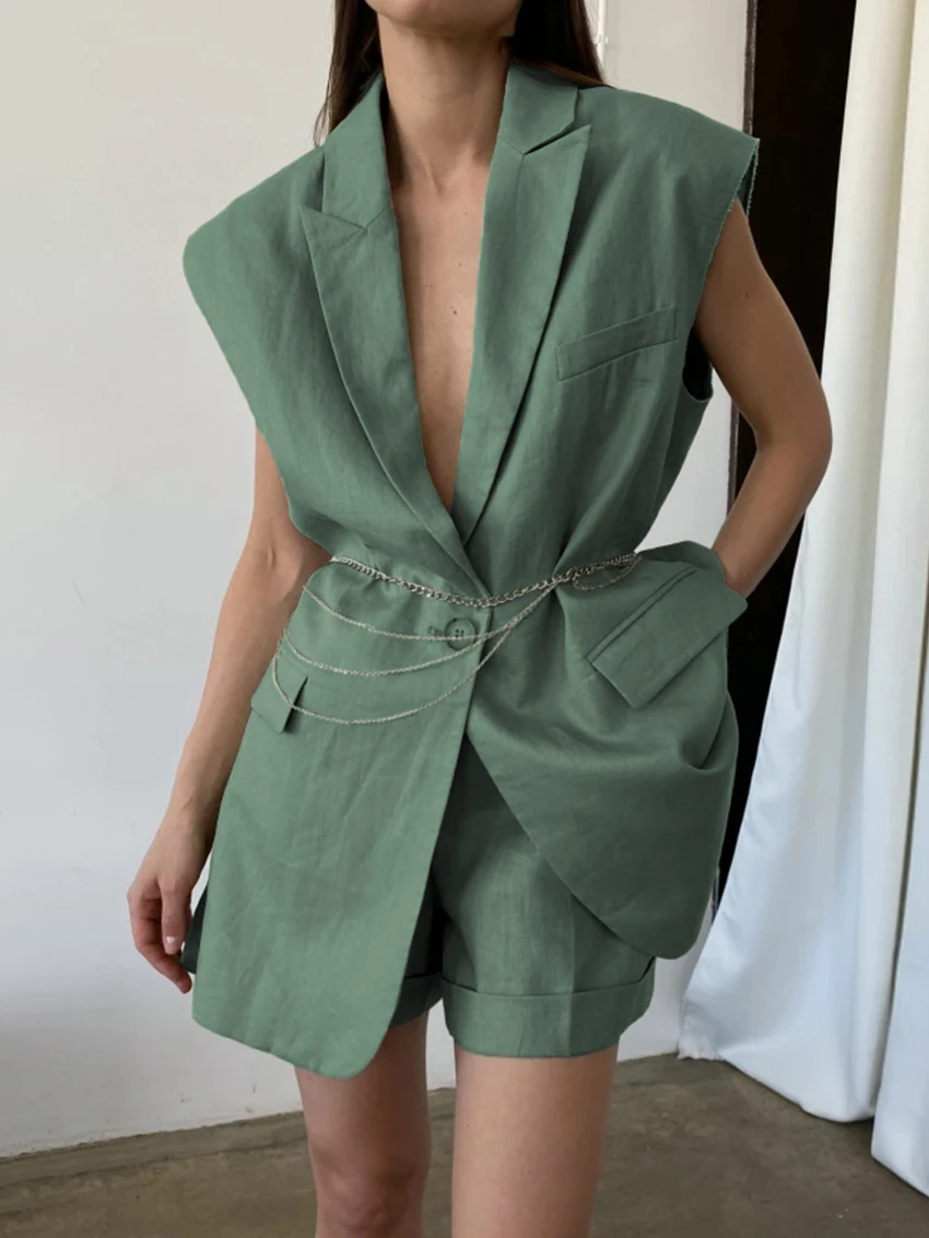 

Marthaqiqi Fashion Women Nightwear Set Sexy Turn-Down Collar Sleepwear Sleeveless Nightgown High Waist Shorts Ladies Pajama Suit