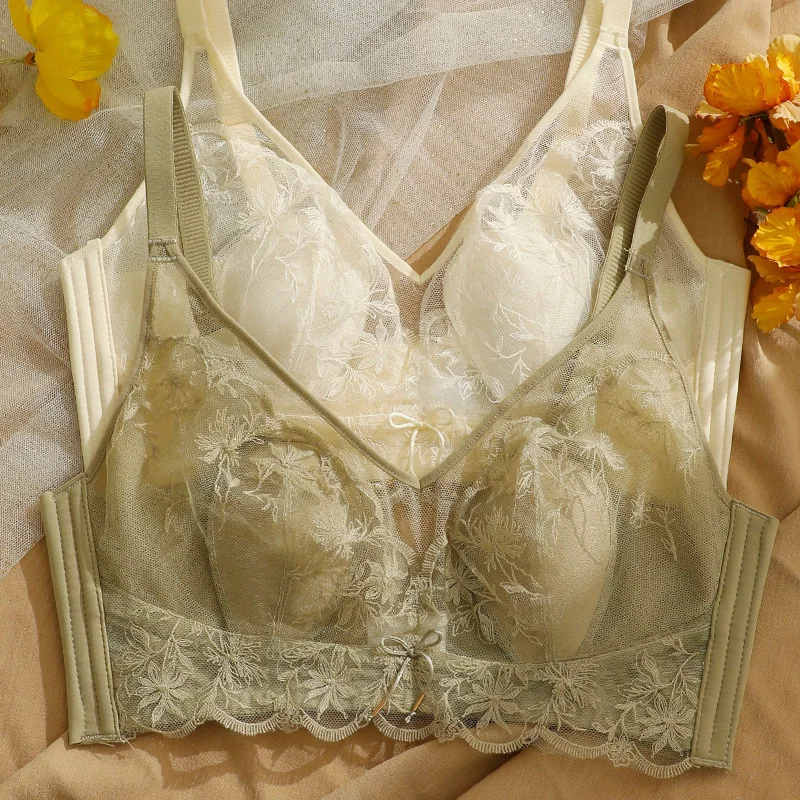 

Ultra-thin lace sexy lingerie suit women's thin bra gathers and collects breasts bralette four-breasted lingerie with panty