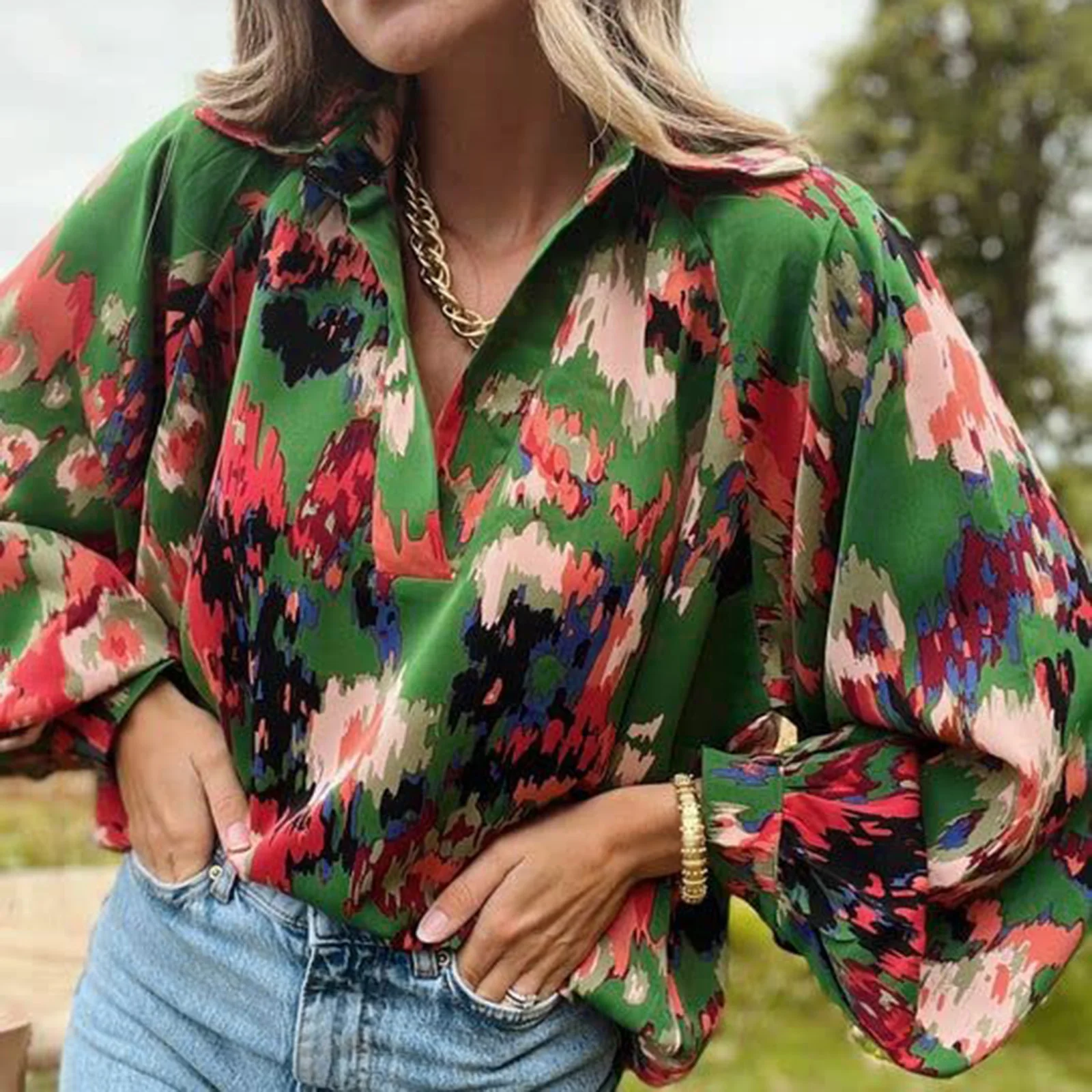 

Блузка шифоновая с цветочным принтом и рукавами-фонариками, 2023