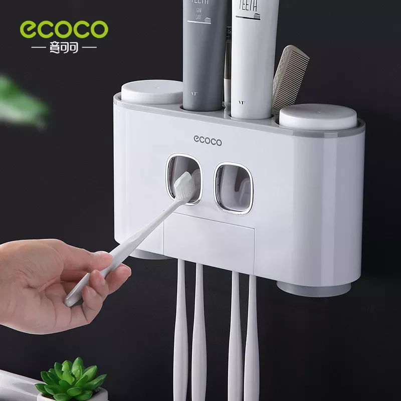 

ECOCO Wall Mount Automatic Toothpaste Squeezer Dispenser Toothbrush Holder Bathroom Accessories Storage Rack with 4 Cups