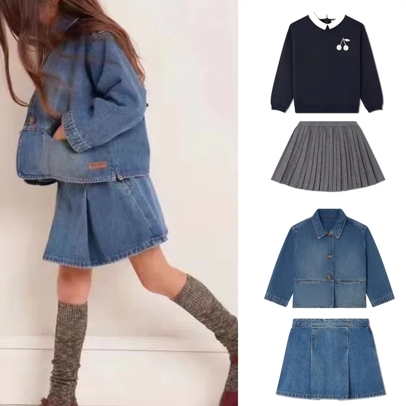 

Pre-sale (Ship October) 2023 Autumn Girls Clothes BP Denim Coat & Skirt 2pc Sets Fake Two Sweatshirts and Pleated Skirt Girls