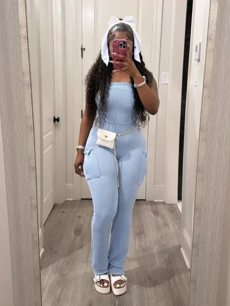 XIZOU элегантные вязаные комбинезоны без бретелек с открытыми плечами и карманами