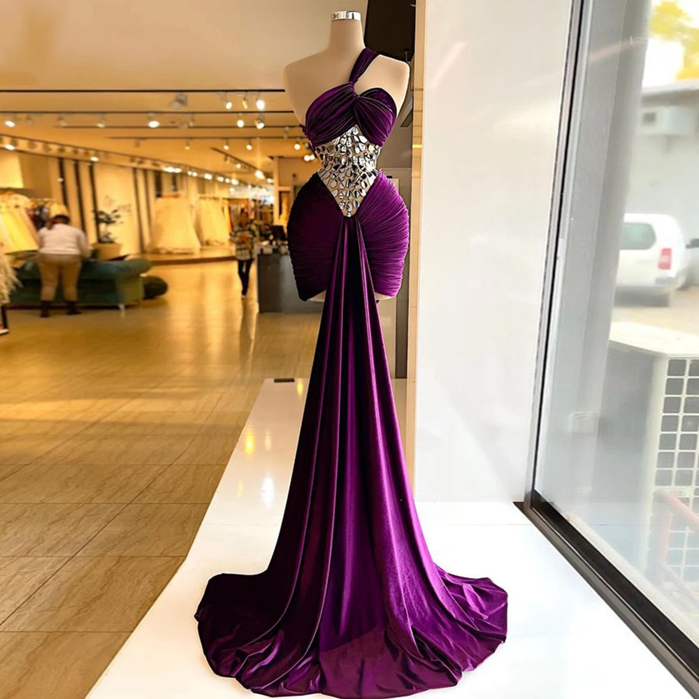 

GUXQD Sexy Sparkly Crystal Prom Dresses Velvet Purple Detachable Train High Neck Sleeveless Evening Dress Formal Party Gown