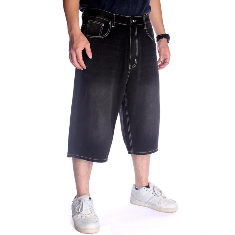 European and American Trend Washed Black Casual Hip-hop Skateboard Cropped Pants Trendy Men Hip-hop Jeans wide leg jeans