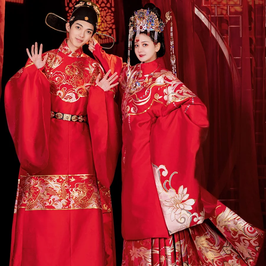 Мужское и женское свадебное платье мин династии Мин Красное длинное пальто Hanfu