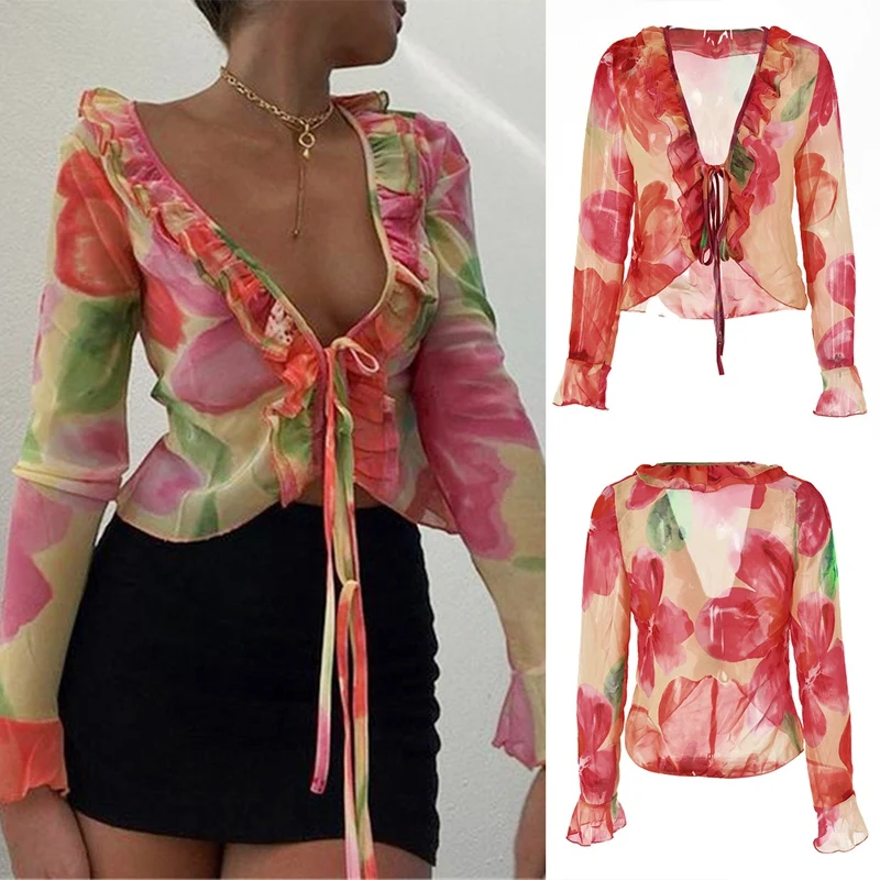 

Женский кружевной топ с V-образным вырезом и длинным рукавом