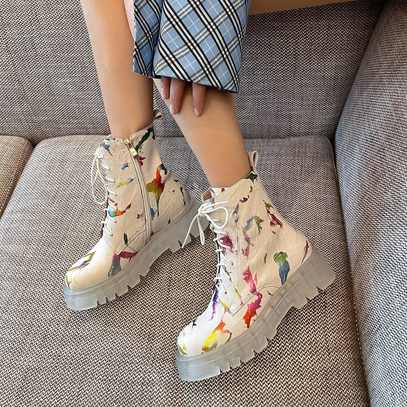 

Дамы, девочки, женские ботинки Martin, ботильоны, художественный стиль, верхняя часть с принтом, прозрачная Желейная подошва, первая воловья ко...