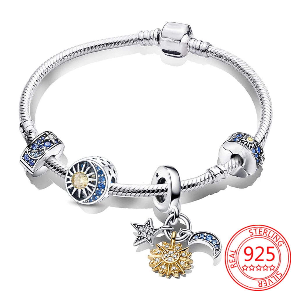 

Bright 925 Sterling Silver Celestial Sun, Star & Moon Clip Two-tone Splittable Sun & Moon Dangle Charm Brand Snake Bracelet Set