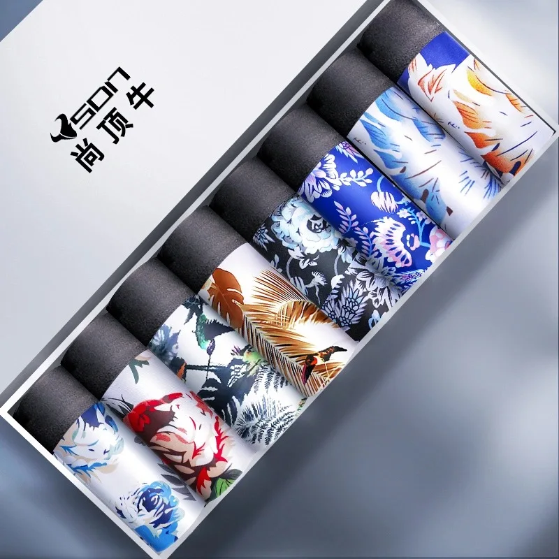 Boxers Men's Panties Man Ice Silk Underwear Boxer Shorts Printed Boxershorts U-pouch Breathable Underpants Thin Shorts L-4XL