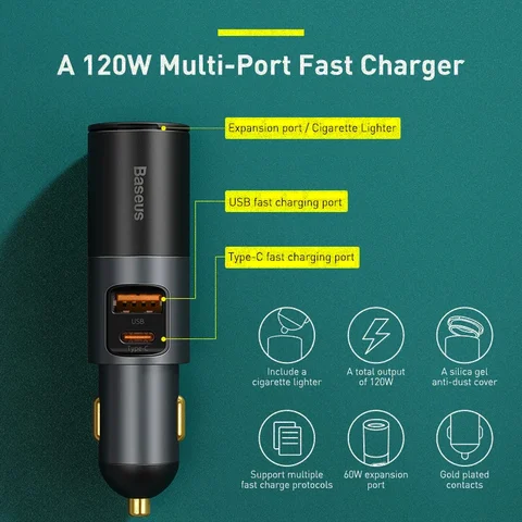 Baseus 120 Вт Быстрое автомобильное зарядное устройство QC 3.0 PD 3.0 Автомобильное зарядное устройство для телефона USB для iPhone 16 15 14 13 Pro Зарядное устройство для мобильного телефона Samsung Xiaomi