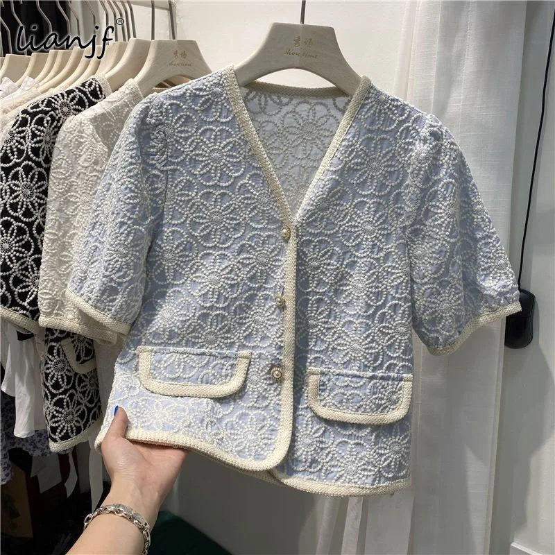 

Woman Summer Plaids Woolen Floral Embroidery Coat Checked Jackets Tweed Cardigan Single-breasted OL Short Sleeve Tops Blusas