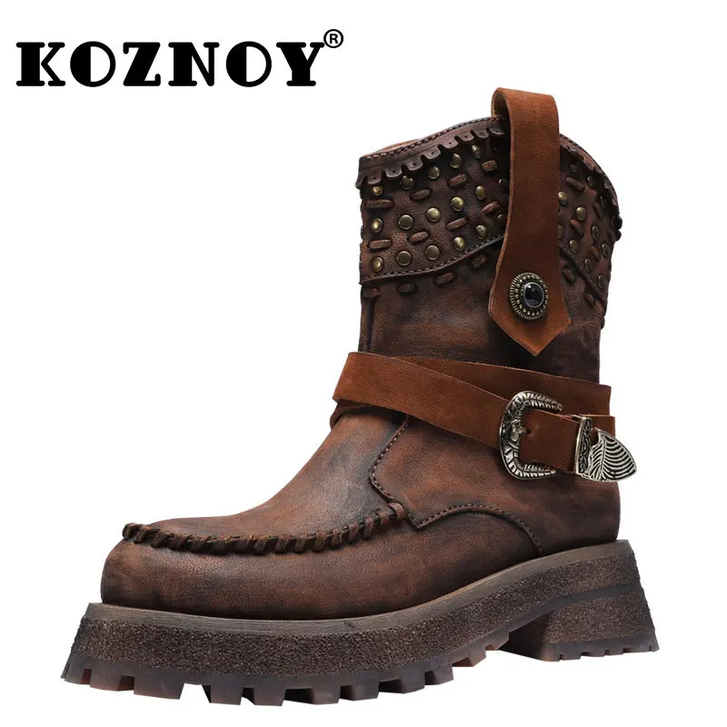 

Koznoy 5cm Retro Punk Style Spring Autumn New Genuine Leather Thick-soled Ankle Rivet Boots Fashion Ladies Shoes Cowboy Women's