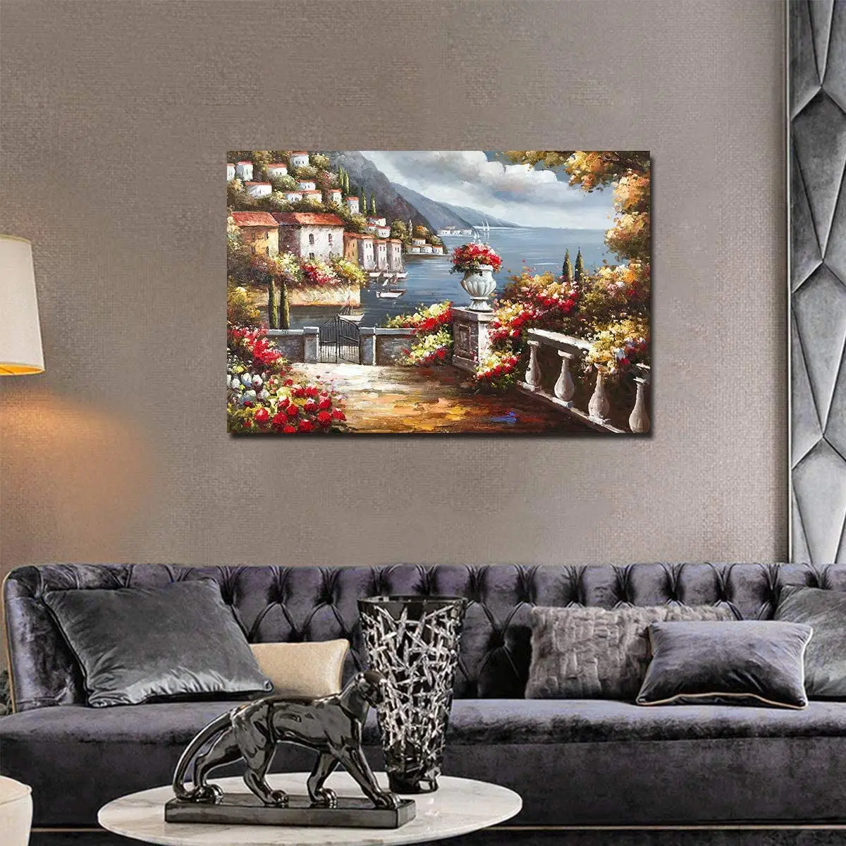 

100% Hand Painted Canvas Wall Art Italy Town Mediterranean Tuscany Sea Coast Flowers Oil Painting Landscape Scenery Wall Decor
