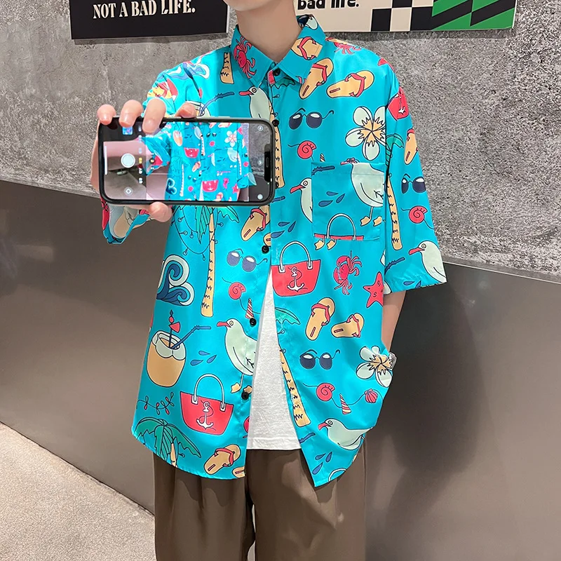 Summer Short Sleeve Shirt Men Cartoon Elements Print Top Fashion Casual Beach Cardigan Blouse Streetwear Oversized Male Clothes